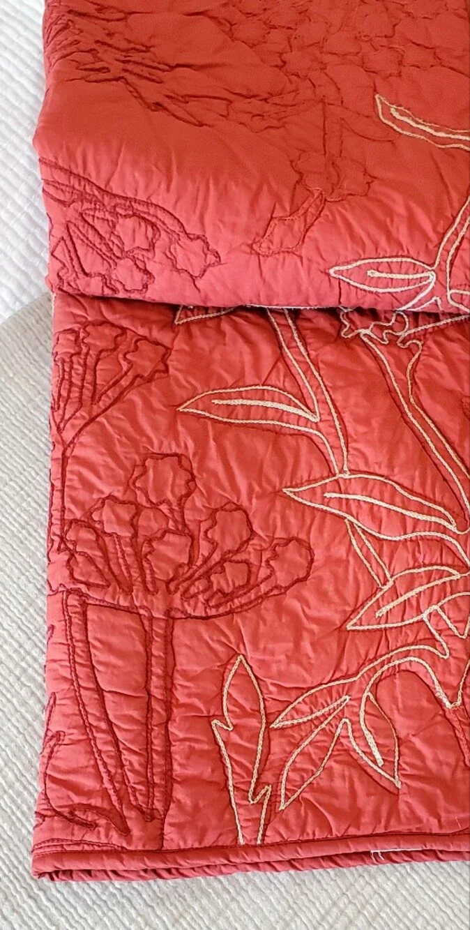 3 Pottery Barn Brick/Tan Organic Cotton Crewel Leaf Botanical Quilted Euro Shams